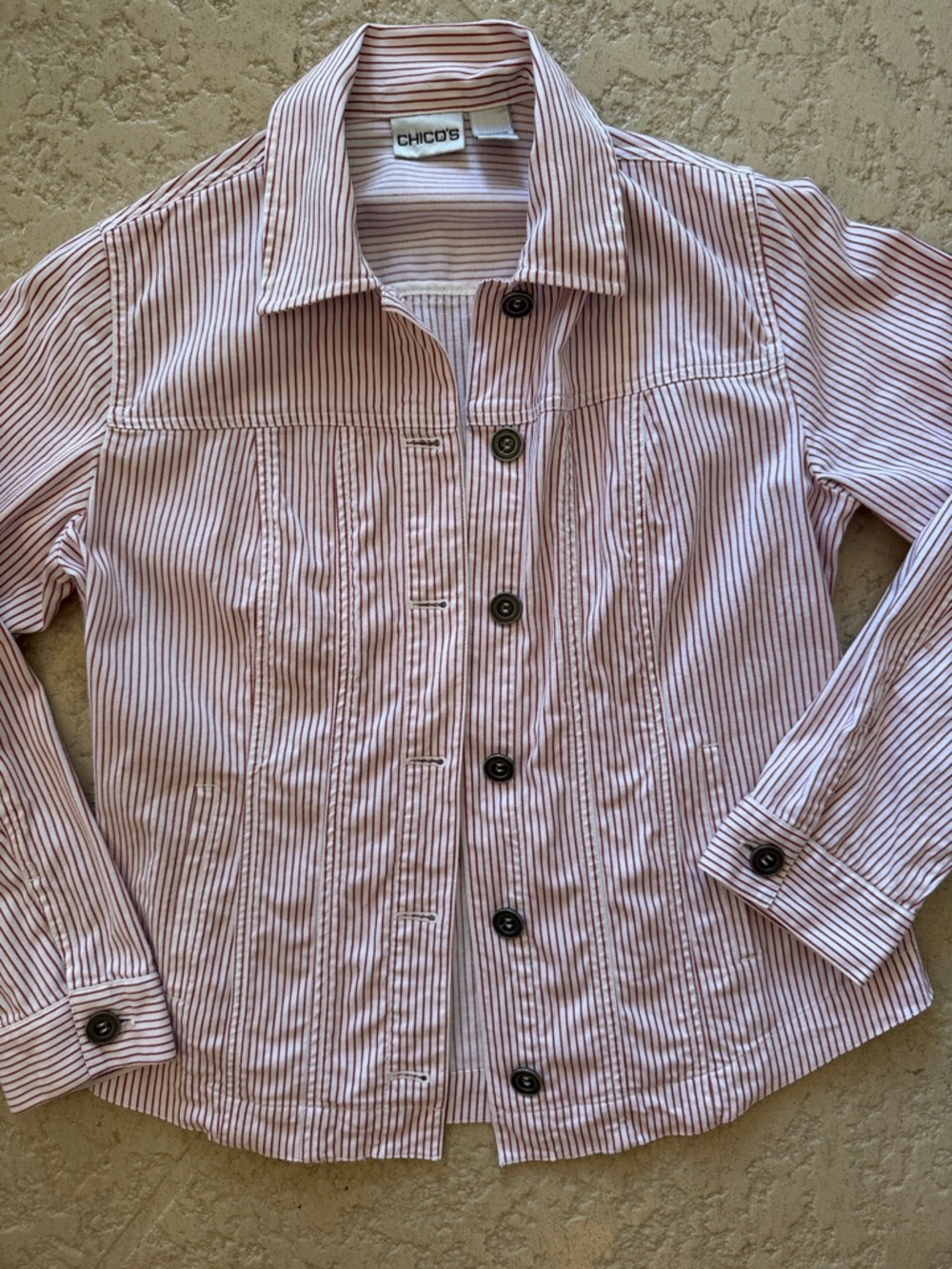 Chico's Pink and Brown Striped Button Jacket